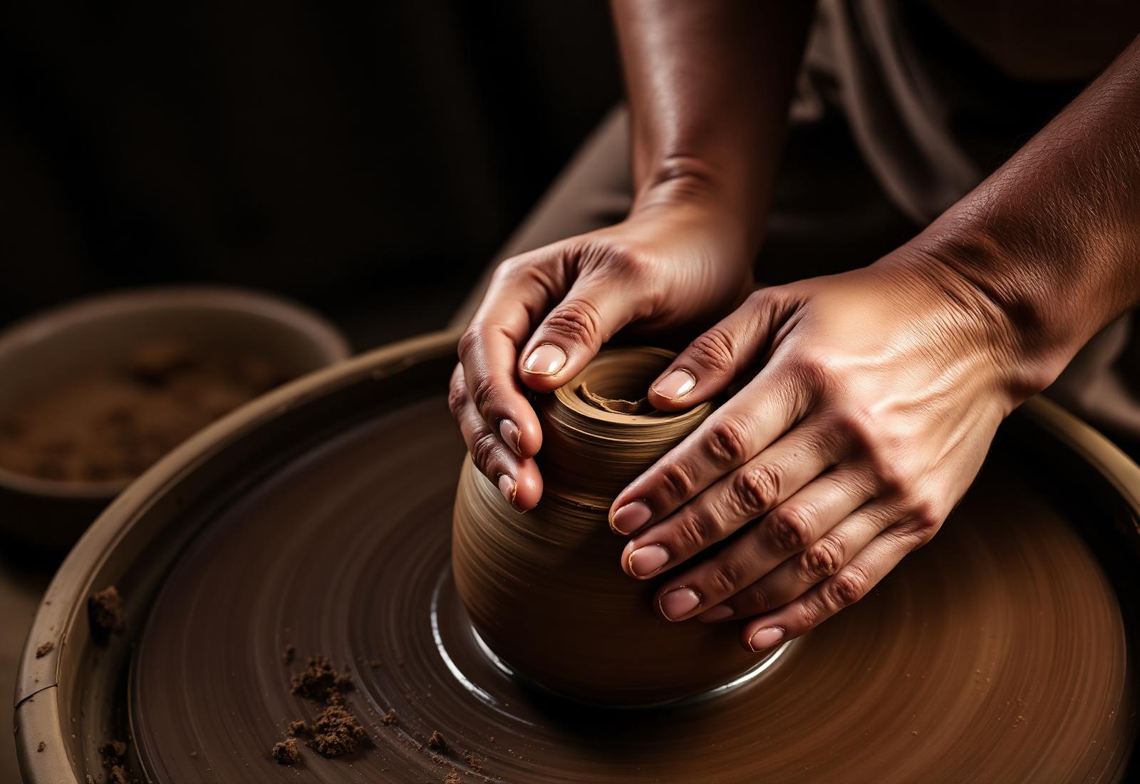 Artisan hands shaping ceramic on the wheel