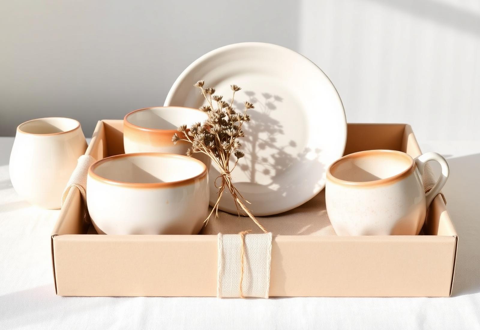 Ceramic gift set styled with linen and dried flowers